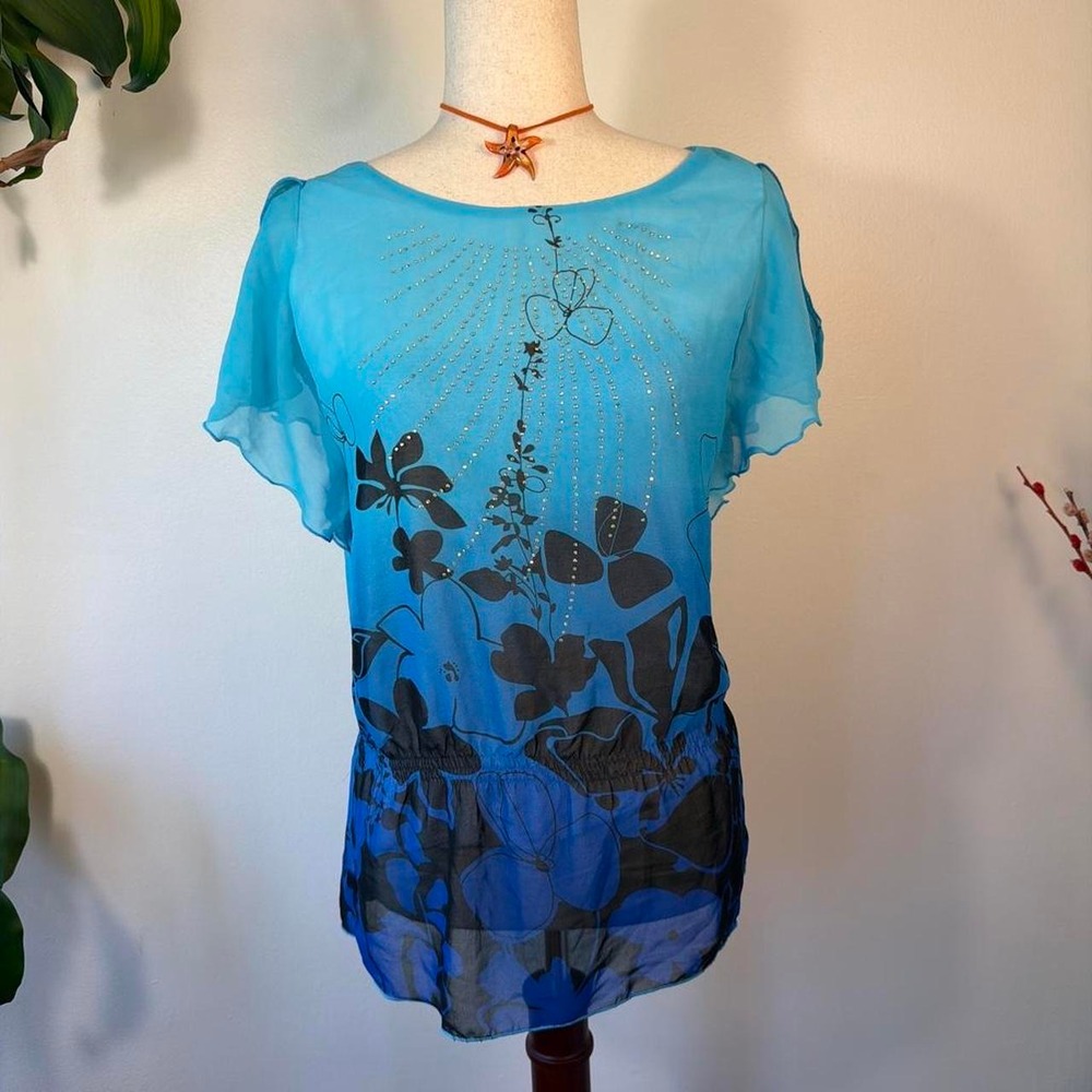 Y2k Teal Sequin Mermaid Mesh Flutter Sleeve Boho Top Medium